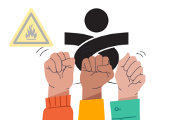 Imagem de punhos erguidos, o logo do Sindicato e um símbolo de inflamável