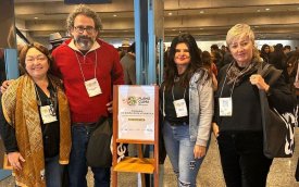 Na foto, Jandyra Uehara Alves, Secretária Nacional de Políticas Sociais e Direitos Humanos da CUT; Francisco Pugliesi, secretário de Relações Sindicais e Sociais do Sindicato; Elaine Cutis, secretária de Políticas Sociais da Contraf-CUT; e Rita Berlofa, Relações Internacionais da Contraf-CUT. 