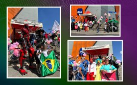 Painel com fotos da atividade da Campanha dos Bancários, em frente a uma agência do Itaú em São Miguel Paulista, na ZL