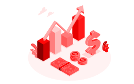 Imagem em desenho composta de elementos como gráficos, moedas, cifrão, notas de dinheiro e emoedas