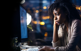 Imagem composta de uma mulher negra, com o semblante preocupado, em frente a um computador