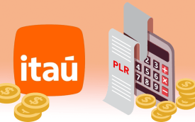 Imagem composta do logo do Itaú ao lado de uma calculadora, pilhas de moedas e um documento onde se lê "PLR"