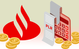 Imagem composta do logo do Santander ao lado de uma calculadora, pilhas de moedas e um documento onde se lê "PLR"