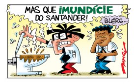 Charge mostra dois bancários em frente a um vaso sanitário entupido. Um deles diz "mas que imundice do santander"