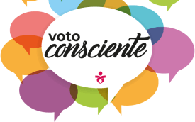 Arte composta de um balão de fala branco, onde dentro está escrito "voto consciente". Ao redor dele, diversos balões menores, de cores distintas