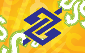 Imagem composta do logo do Banco do Brasil cercado de cifrões, sobre um fundo amarelo