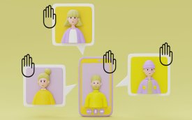 Ilustração de quatro pessoas participando de uma assembleia virtual