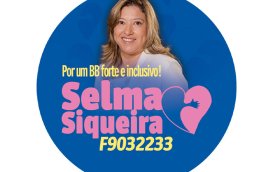 Imagem da campanha de selma siqueira, composta de sua foto (ela é uma mulher branca e loira com cerca de 45 anos)