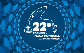 Logotipo do 22º Torneio de Pesca Esportiva Individual do Sindicato dos Bancários e Financiários de São Paulo, Osasco e Região, em tons de azul e branco, com peixes nadando ao redor