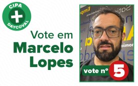 Imagem composta de Marcelo Lopes, candiato apoiado pelo Sindicato para a Cipa do Daycoval. Ao lado dele o número 5 e o texto "vote em marcelo Lopes número 5"