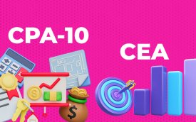 Ilustração de gráficos, em fundo rosa, com as siglas CPA-10 e CEA