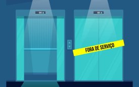 Ilustração de dois elevadores, com um deles com uma faixa escrito "fora de serviço"