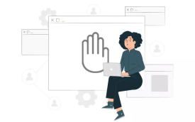 Desenho de uma mulher sentada na frente de um notebook e ao fundo imagens de telas de computador com uma mão levantada simulando um voto 