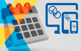 Imagem de um calendário, com um ícone de computador