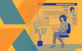 Ilustração de uma mulher usando um notebook, preenchendo um formulário de inscrição