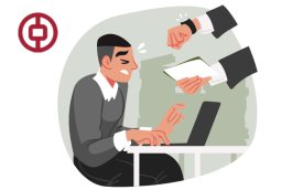 Arte em desenho composta de uma cena de assédio moral em um loca de trabalho (um homem em pé grita com outro sentado em uma mesa). O logo do bank of china aparece no canto superior direito 