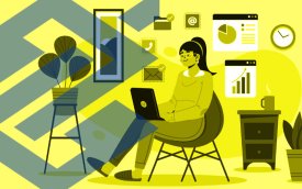 Imagem em desenho composta de uma mulher trabalhando em home-office ao lado de um logo do banco do brasil em tamanho grande