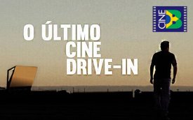 Arte mostra por do sol com uma silhueta de um homem e as escritas o Ultimo Drive In 
