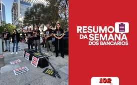 Fotografia mostra atividade de rua do Santander acompanhada da frase Resumo da Semana