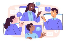 Ilustração de quatro pessoas participando de uma assembleia virtual