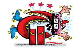 Charge mostra um bancário enrolado em uma estrutura que se assemelha ao logo do Bradedesco