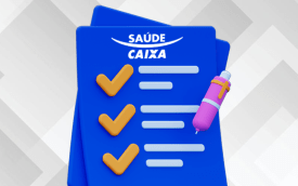 Imagem de uma prancheta com o logo do saúde caixa e abaixo uma lista com sinais de "check" ao lado