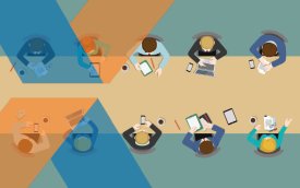 Ilustração de uma mesa de reunião, vista de cima