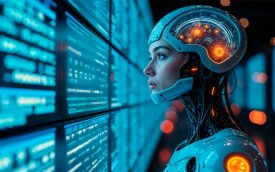 Imagem mostra um ciborg olhando para várias telas