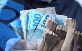 Imagens de punhos erguidos, com um homens segurando notas de dinheiro ao fundo