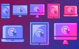Imagem em desenho composta de várias telas de computador de dispositivos eletrônicos dispostos lado a lado