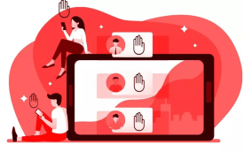 Imagem em desenho composta de duas pessoas, uma sentada sobre e outra encostada em uma tela de computador em tamanho desproporcionalmente maior do que as figuras humanas. Dentro da tela estão projetadas palmas de mão