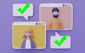Ilustração de um homem e uma mulher aprovando uma proposta em assembleia virtual