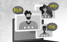 Imagem em desenho mostra três telas sobrepostas. Em cada uma delas há uma pessoa. Deles saem três balões, onde se lê "PLR", "C6" e "???"
