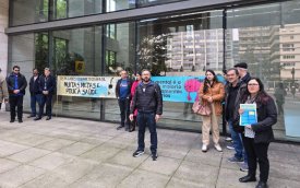 Dirigentes do Sindicato durante protesto no edifício Torre Matarazzo, centro administrativo do Banco do Brasil localizado na Avenida Paulista