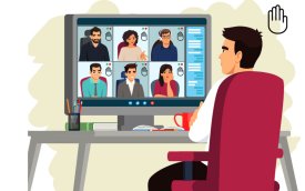 Desenho mostra um homem em frente ao computador, em uma reunião remota