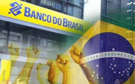 Imagem de uma fachada do BB, mesclada com a bandeira do Brasil e punhos cerrados