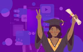 Ilustração de uma mulher negra, de beca, e com o diploma na mão, em fundo roxo, com códigos, remetendo a tecnologia