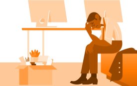 Imagem em desenho mostra um pessoa sentada e com a cabeça baixa apoiada nos braços. Atrás dele, uma mesa e, sobre ela, um computador. no pé da mesa, uma caixa com pertences pessoais