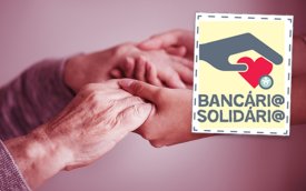 Imagem de mãos se tocando, acompanhada do logotipo da Campanha Bancário Solidário