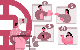 Imagem em desenho composta de quatro telas de computador, cada uma projetando uma pessoa, e uma pessoa em frente a um computador. atrás dela um logo do bank of china