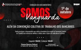 Arte com fundo preto e escritas em vermelho e branco para divulgação de ingressos para sócios pegarem ingresso para documentário Arte: Divulgação SEEB-SP
