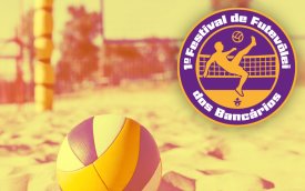 Arte com fundo amarelo mostra bola e areia onde se joga futevolei