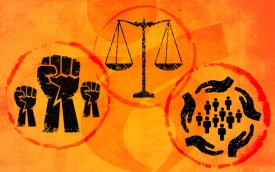 Imagem com três ícones: punhos cerrados, balança da Justiça e acolhimento. Em fundo laranja