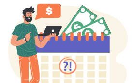 Arte com desenho de um homem olhando um computador, cédulas de dinheiro e calendário