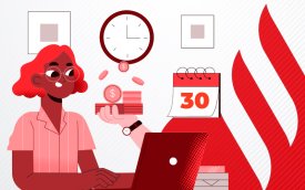 Imagem em desenho de uma mulher ao lado de um calendário. Ao lado deles, o logo do Santander
