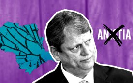 Imagem gráfica do vereador Tarcísio de Freias, com um mapa estilhaçado do estado de São Paulo e a palavra "anistia" riscada com um x, tudo em fundo roxo