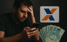 Imagem composta de um homem preocupado olhando a tela de um telefone celular. No lado direito superior há o logo da Caixa Econômica Federal e, no lado inferior direito, um "leque" de notas de R$ 100.