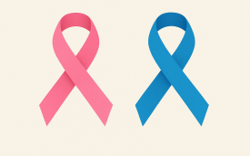 Imagem com fundo branco e dois laços lado a lado, um rosa  e outro azul