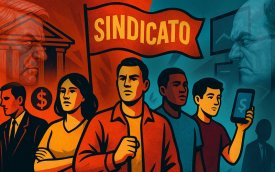 Ilustração de dois banqueiros ao fundo, em cores diferentes, em oposição, com trabalhadores em primeiro plano, empunhando uma bandeira onde se lê "sindicato", simbolizando a luta em defesa dos direitos da categoria bancária (Montagem: Linton Publio)