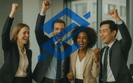 Imagem mostra bancários comemorando em frente a um amarca gráfica do logo do banco do brasil